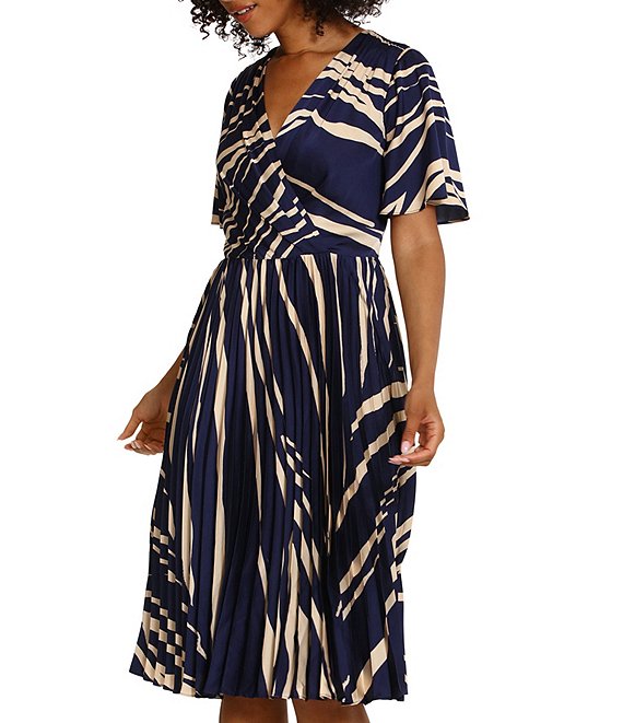 V-Neck Short Sleeve Midi Dress by Donna Morgan in Royal Navy Blue