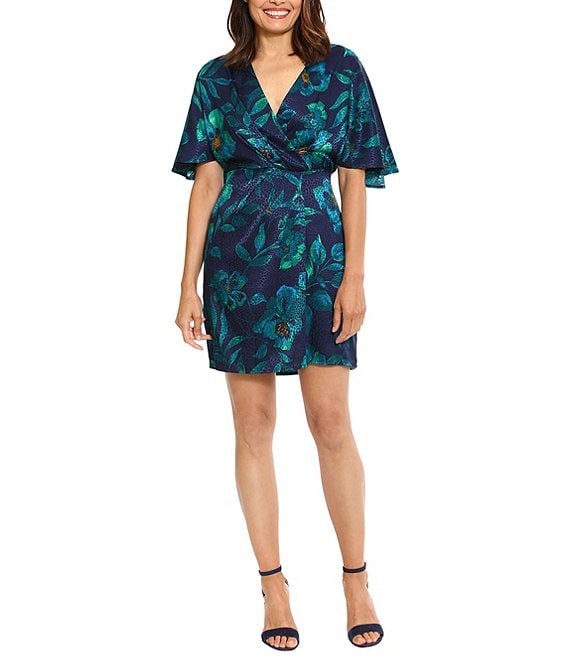 Short Flutter Sleeve V-Neck Dress by London Times Fashion in Navy/Teal
