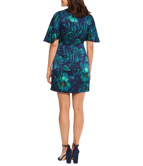 Short Flutter Sleeve V-Neck Dress by London Times Fashion in Navy/Teal