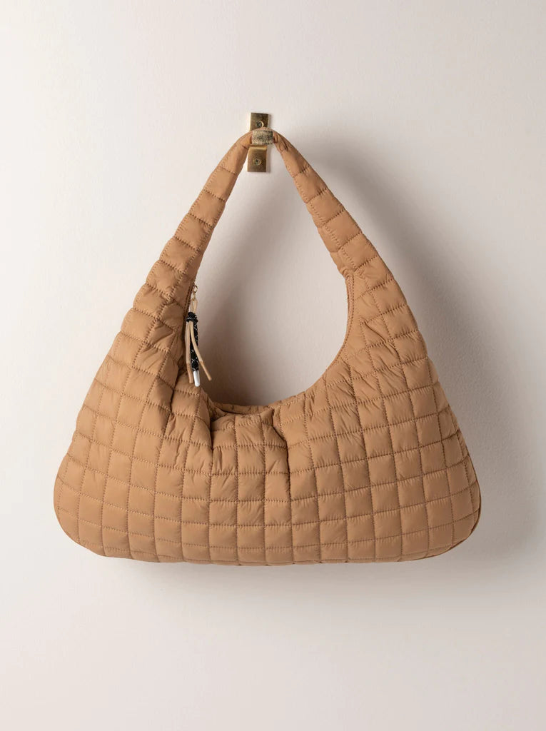 Ezra Quilted Nylon Hobo Bag by Shiraleah in Tan