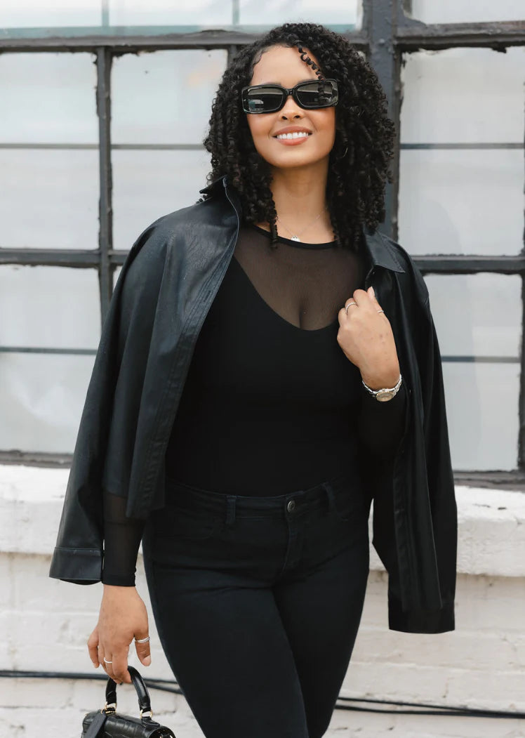 Sheer Mesh Long Sleeve Top in Black by Elietian