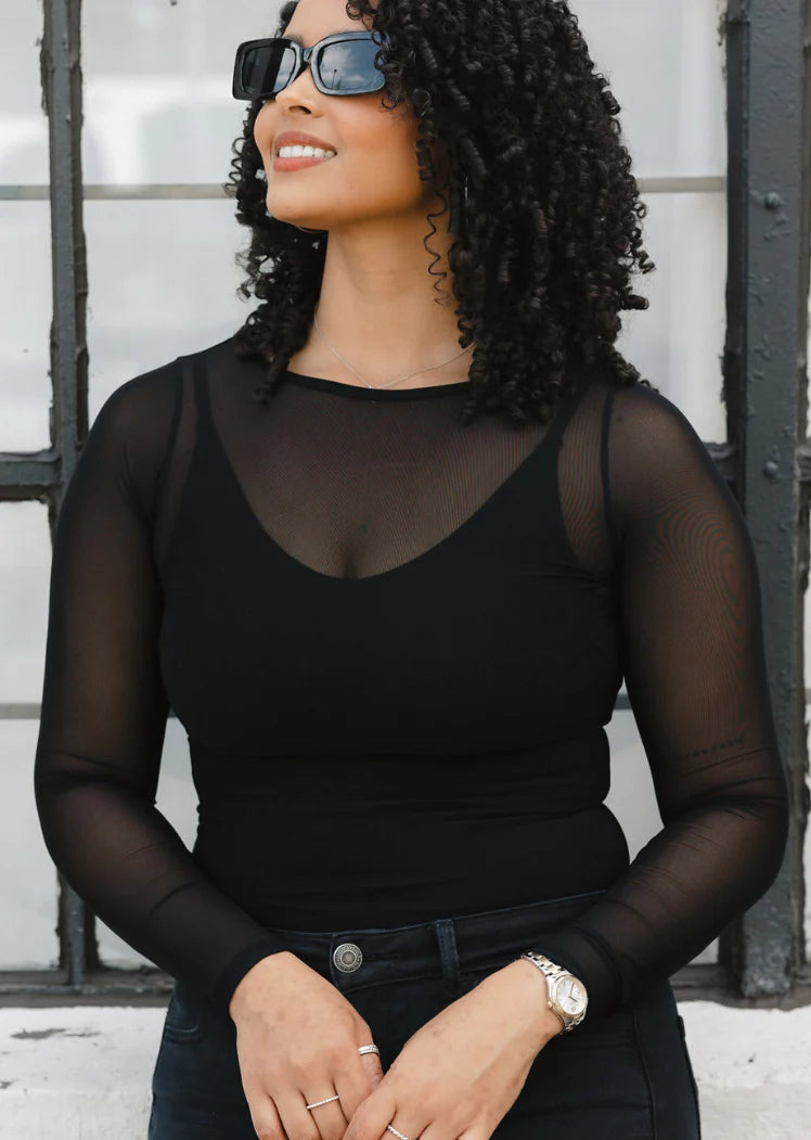 Sheer Mesh Long Sleeve Top in Black by Elietian