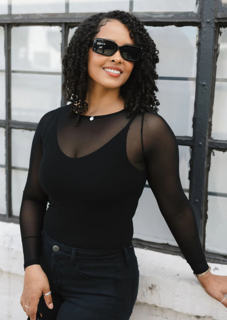 Sheer Mesh Long Sleeve Top in Black by Elietian