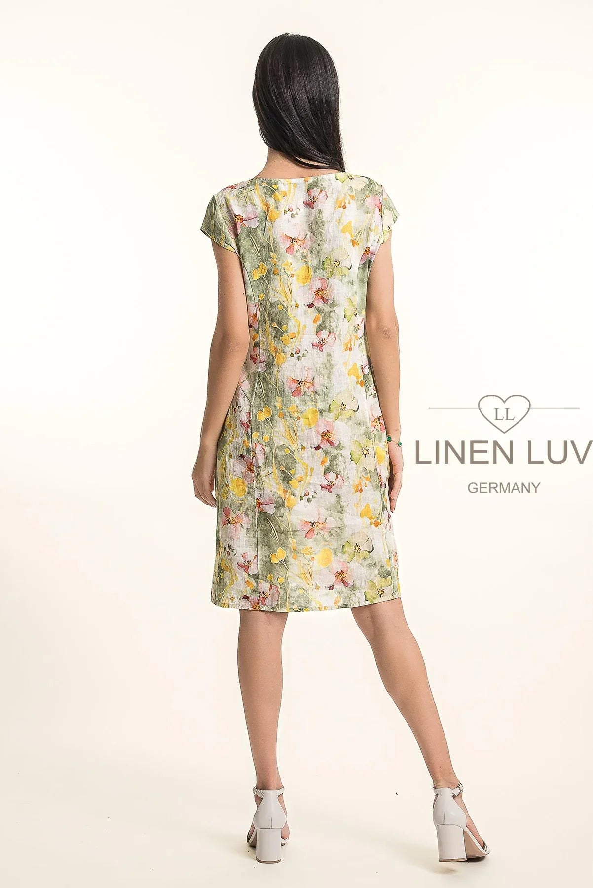 Floral Side Tie Dress by Linen Luv in Sage Print