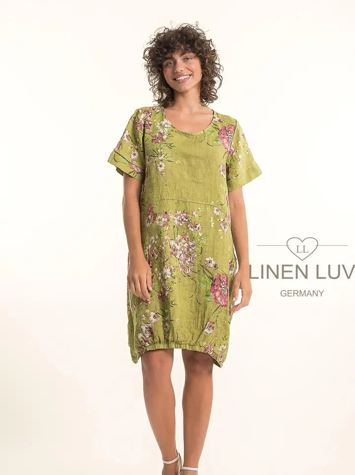 Elastic Bottom Bubble Dress by Linen Luv in Anis