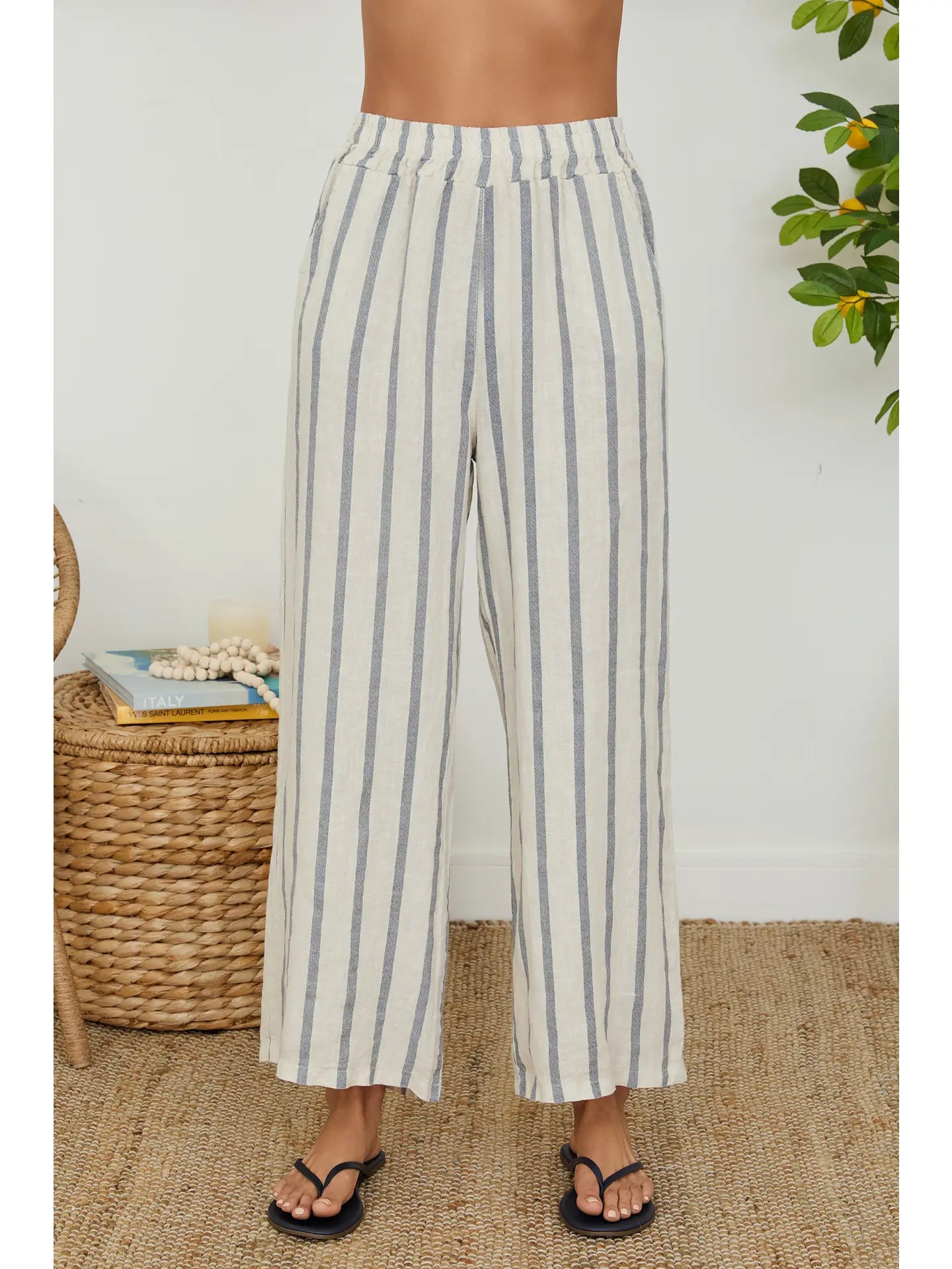Stripe Wide Leg Linen Pant by Milio Milano in Beige/Blue