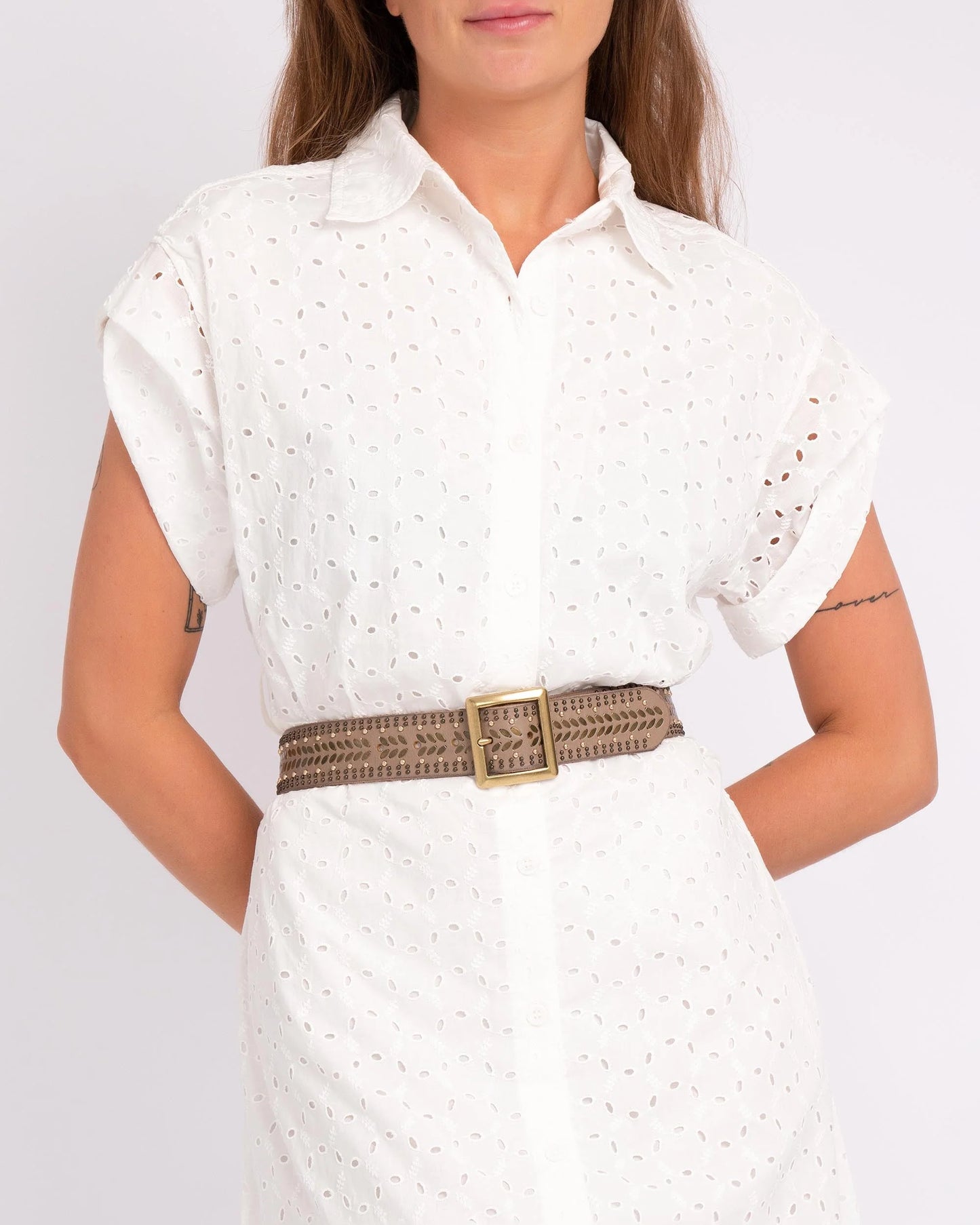 Ezra Studded Leather Belt with Square Buckle by Amsterdam Heritage in Taupe