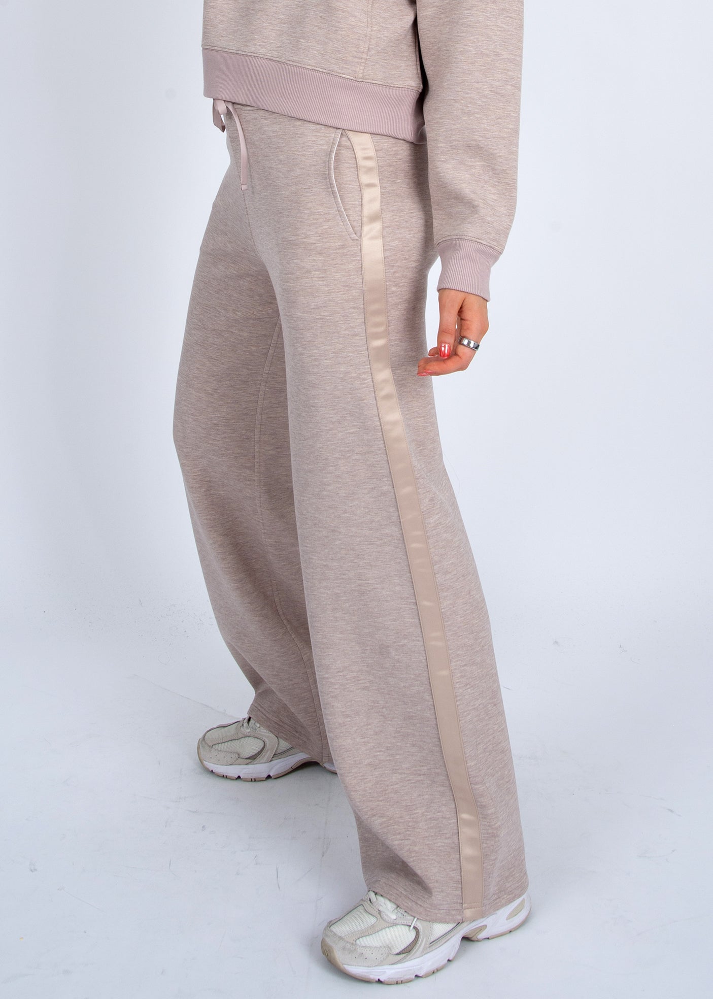 Erika Soft Knit Pants W/ Satin Trim by RD STyle in Taupe Melange