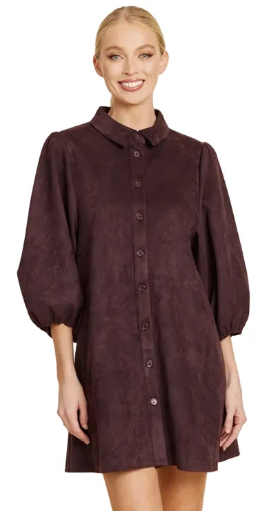Faux Suede Exaggerated Sleeve Dress by Dolce Cabo in Plum