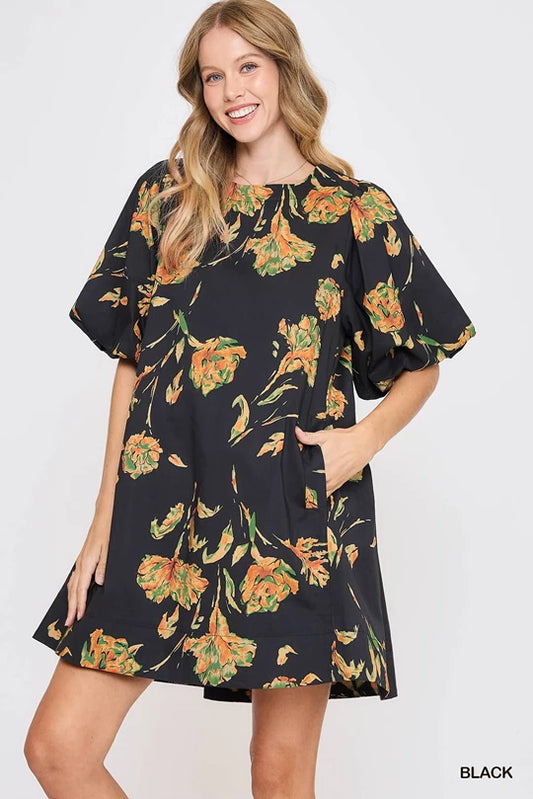 Floral Puff Sleeve Dress by Umgee in Black