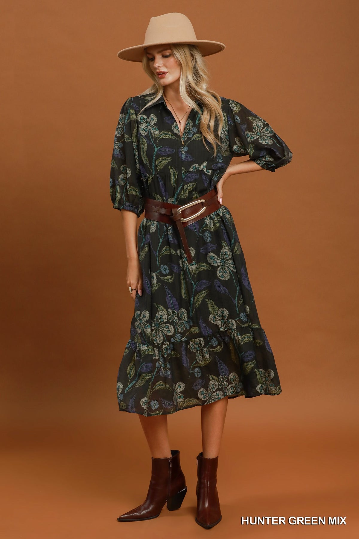 Mixed Floral Print Tiered Midi Dress by Umgee in Hunter Green Mix