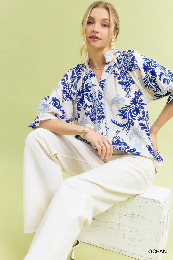 Layered Leafy Damask Blouse by Umgee in Ocean