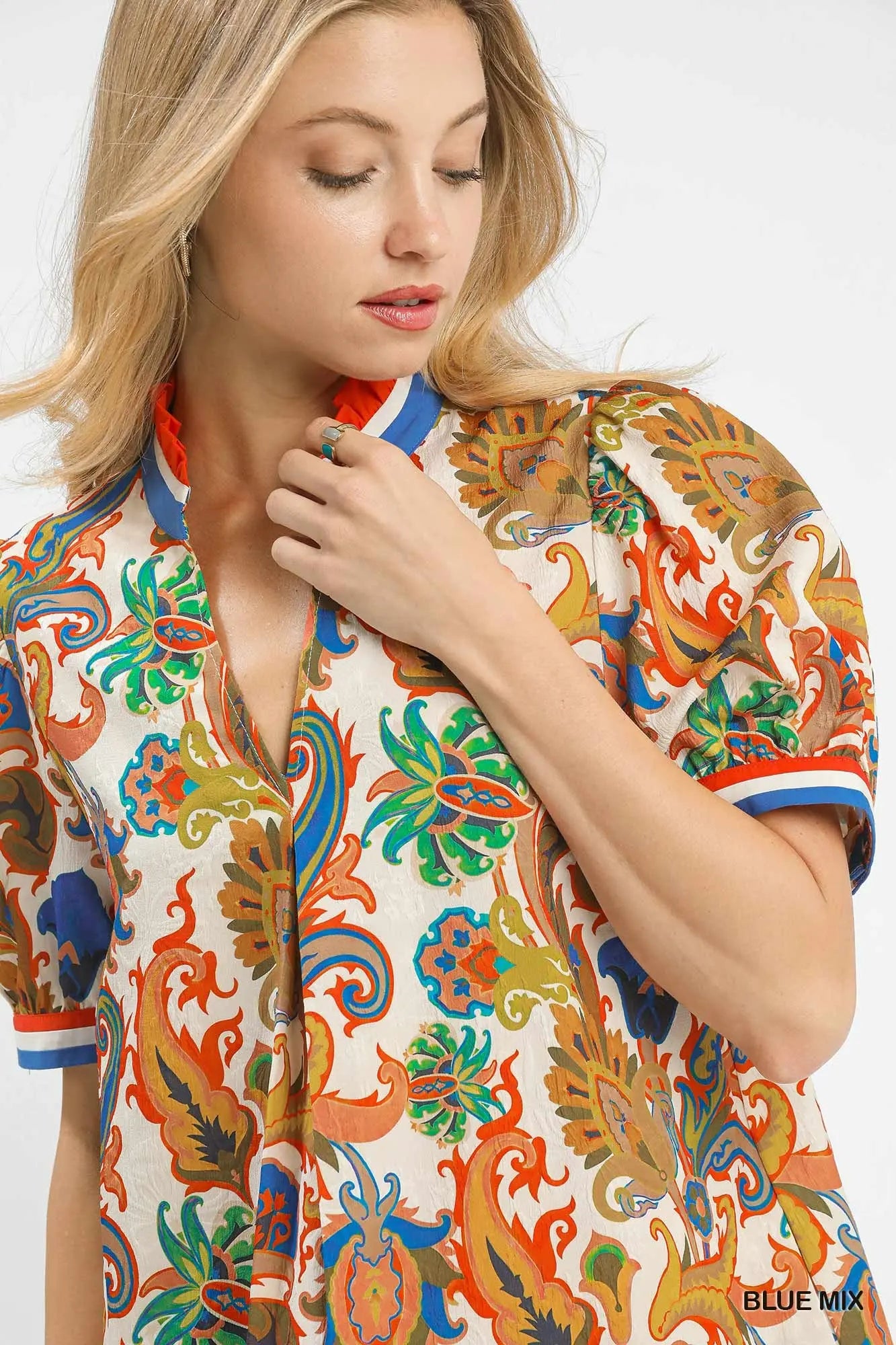 Jacquard Abstract Print Ruffled Neck Mini Dress by Umgee in Blue Mix