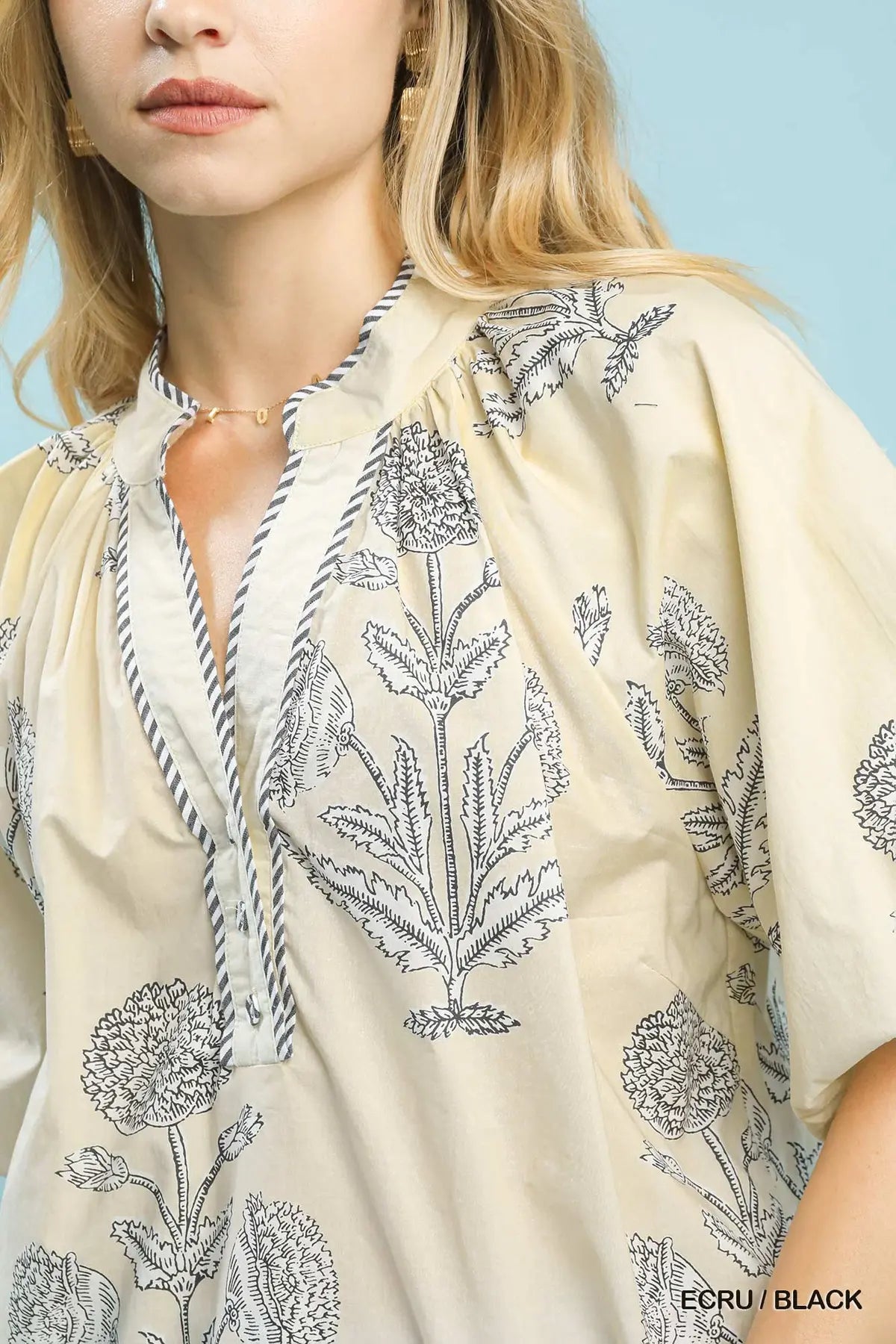 Stem Floral Print V-Neck Henley Top by Umgee in Ecru /Black