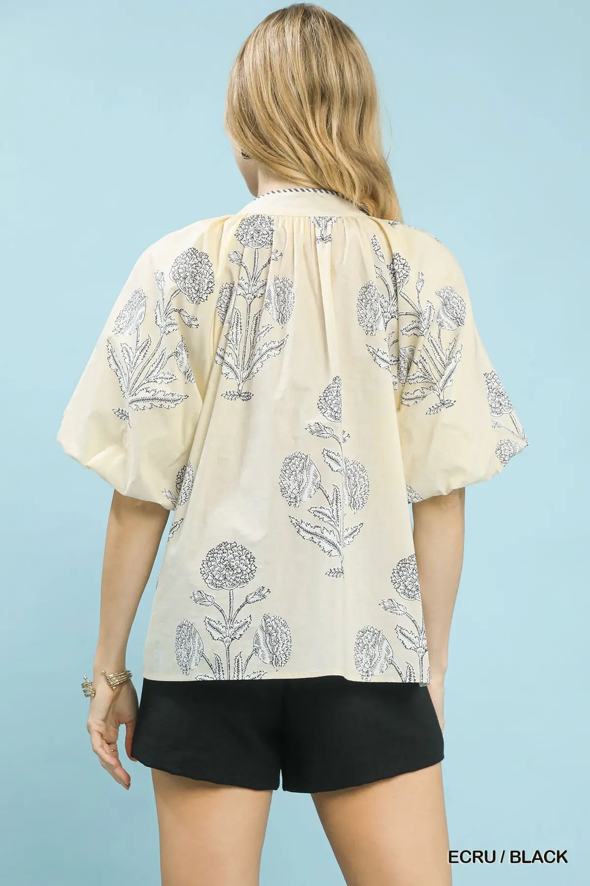 Stem Floral Print V-Neck Henley Top by Umgee in Ecru /Black