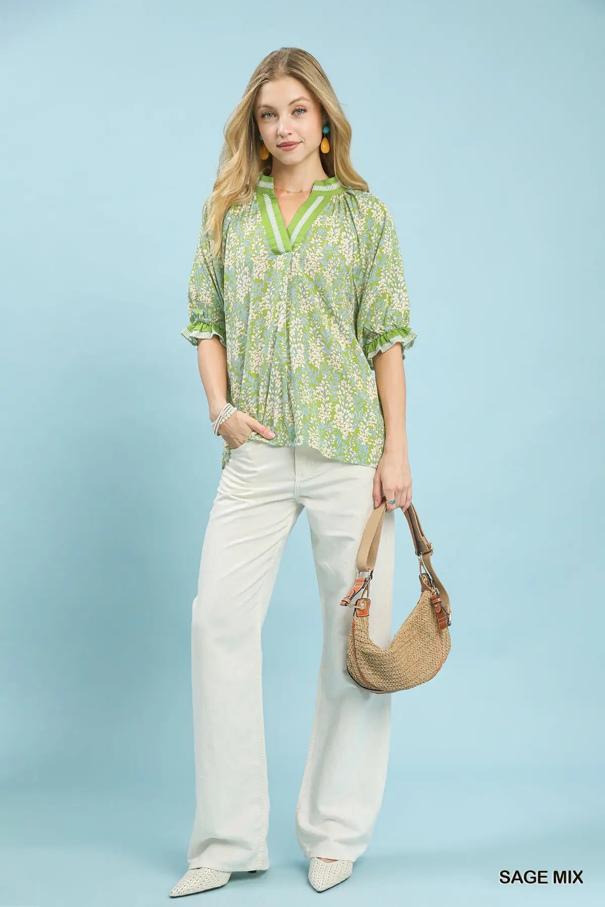 Spring Burst Print V-Neck Top by Umgee Sage Mix