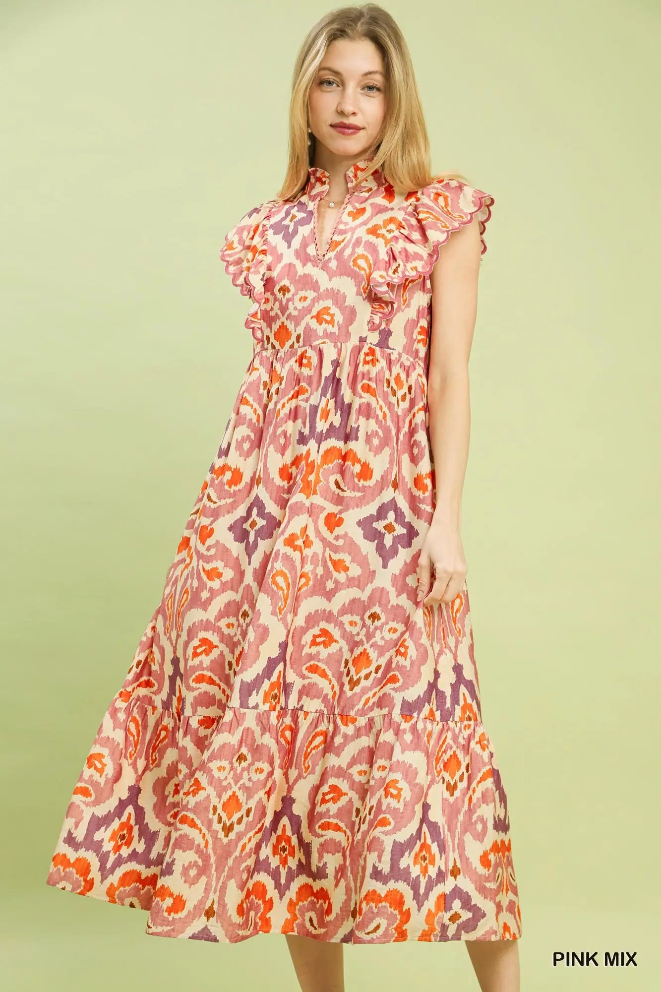 umgee midi dress Ruffle Sleeve Ikat by in Pink Mix M The Dress Debate: Black Length of the garment Basque waist dress Atria Signature Colors:Atlantic Blue