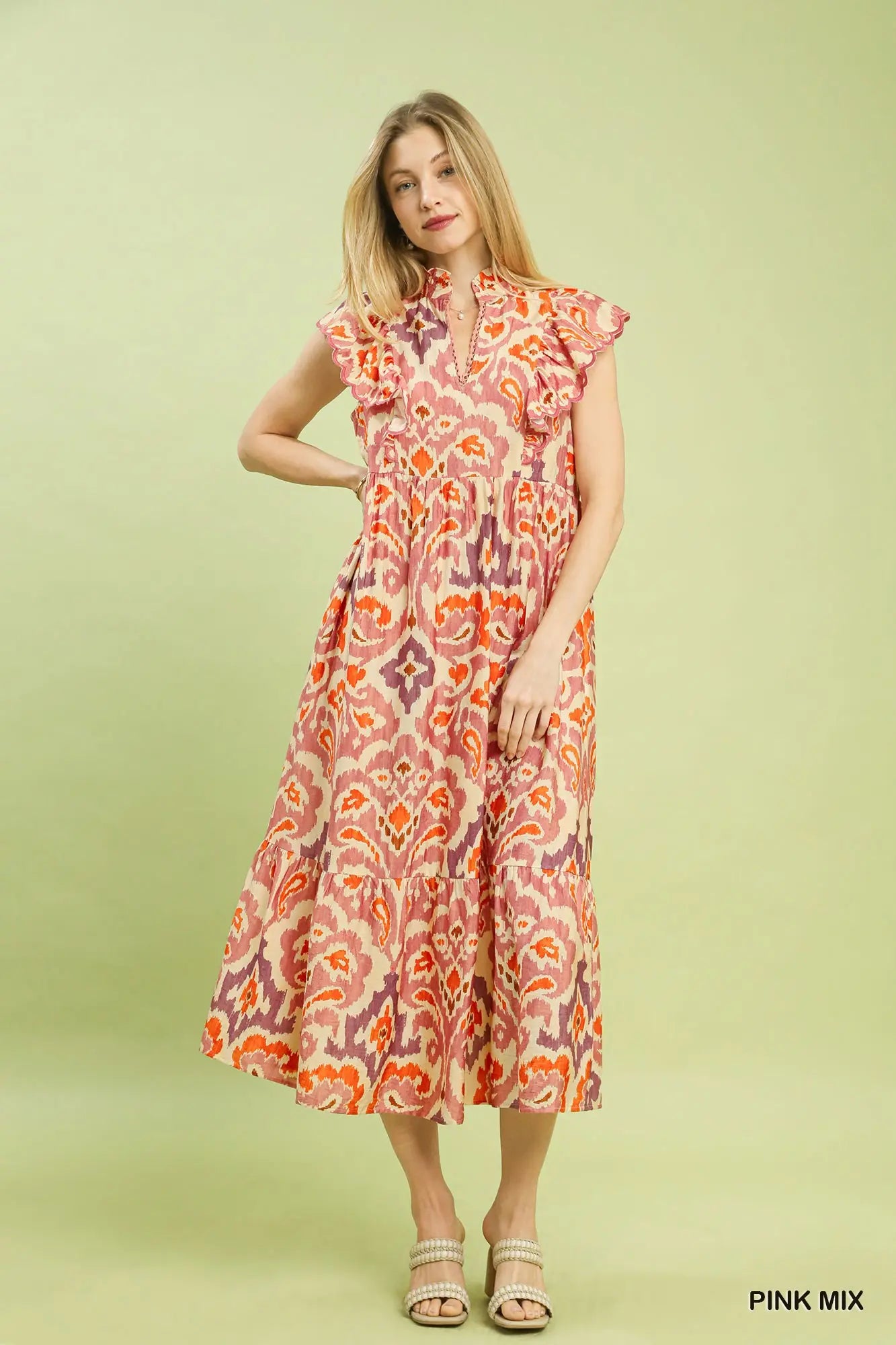 Ruffle Sleeve Ikat Midi Dress by Umgee in Pink Mix