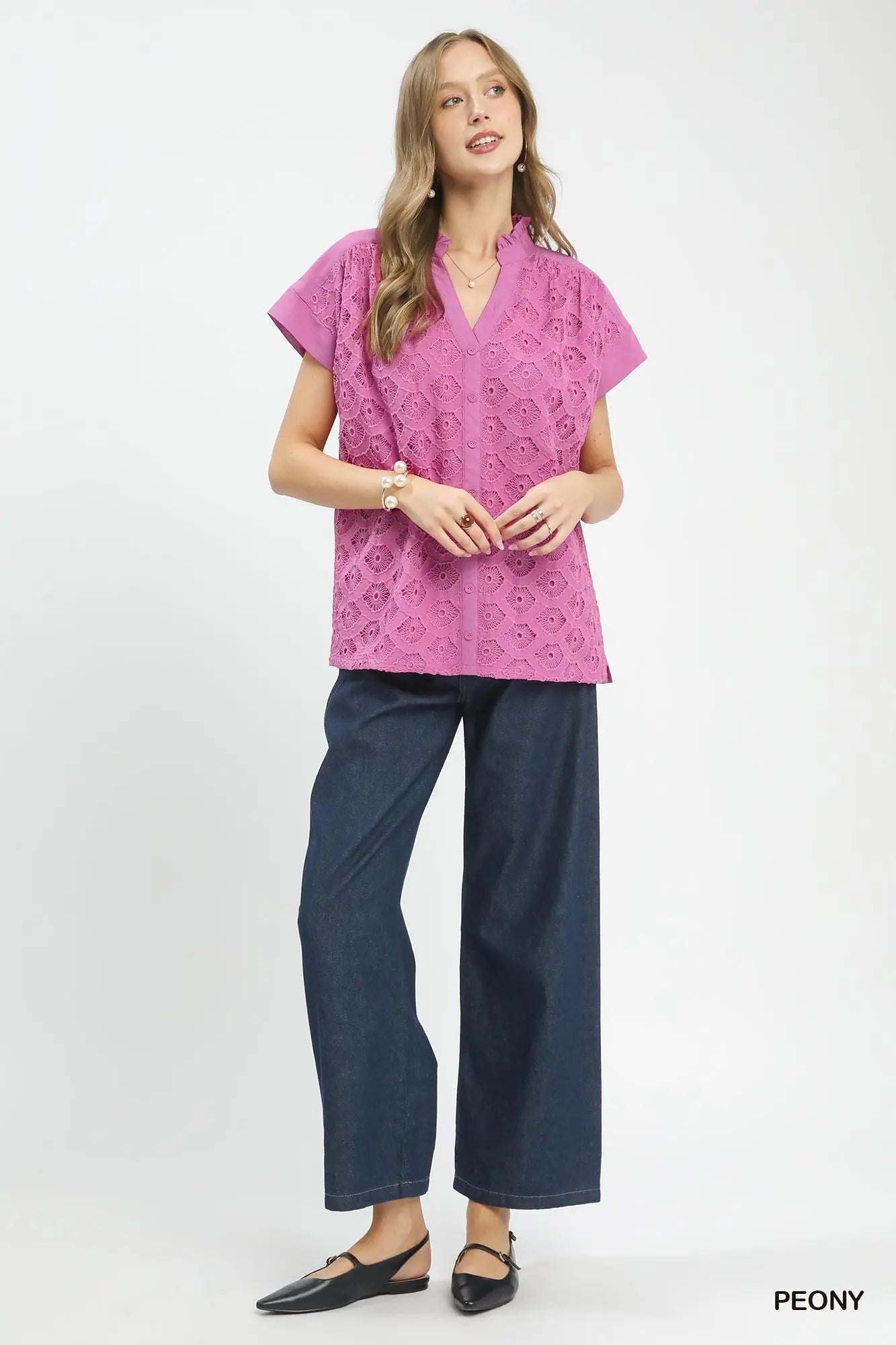 Lace Button-Front Top by Umgee in Peony