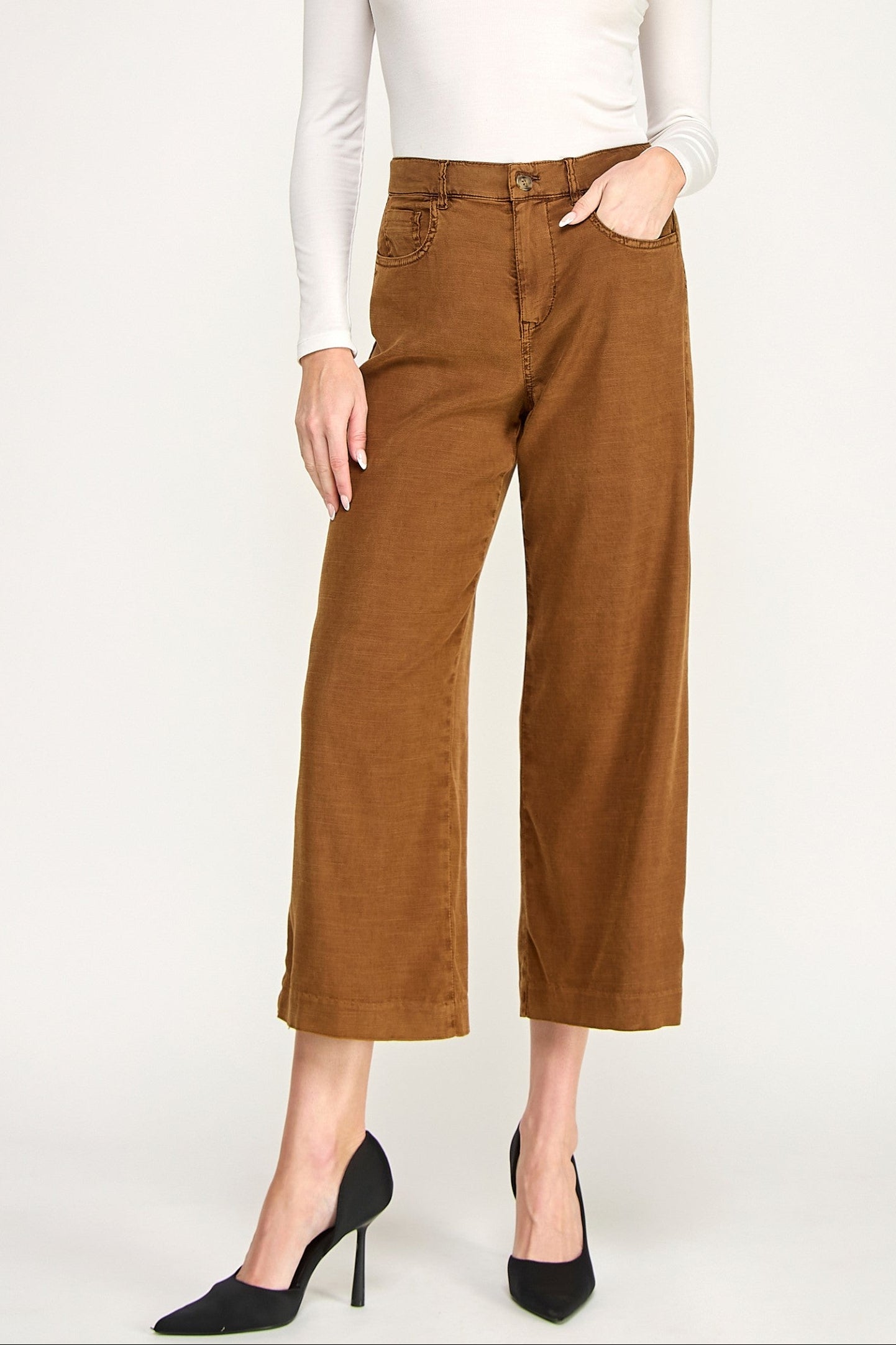 Annabelle Crop Wide Leg Pant by Level 99 in Caramel