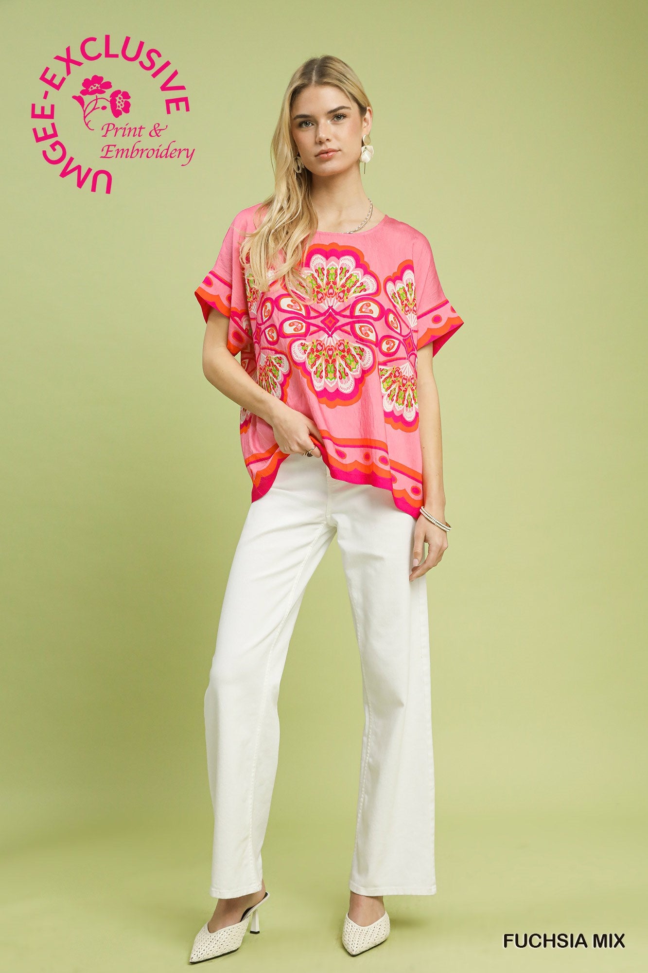 Round Neck Sleeveless Woven Top by Umgee in Fuchsia Mix