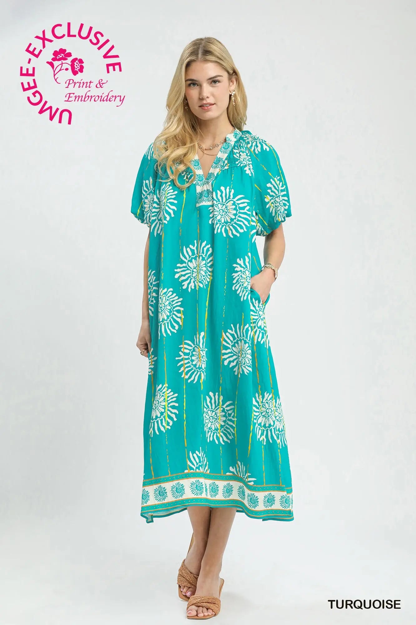 Collar Smocked V-Neck Midi Dress by Umgee in Turquoise – Meadowlark Collar Smocked V-Neck Midi Dress by Umgee in Turquoise – Meadowlark