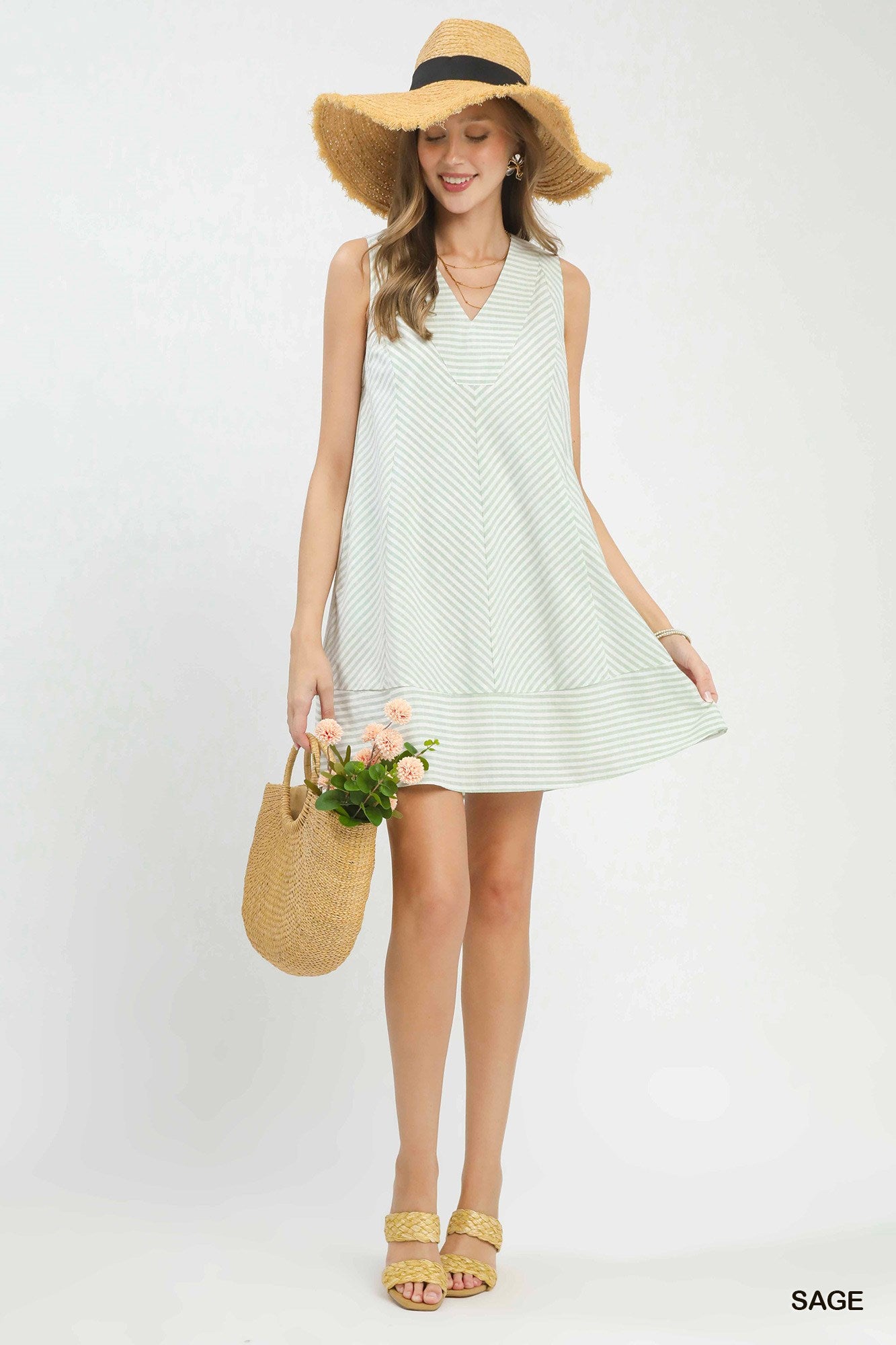 Sleeveless A-Line Stripe Mini Dress by Umgee in Sage