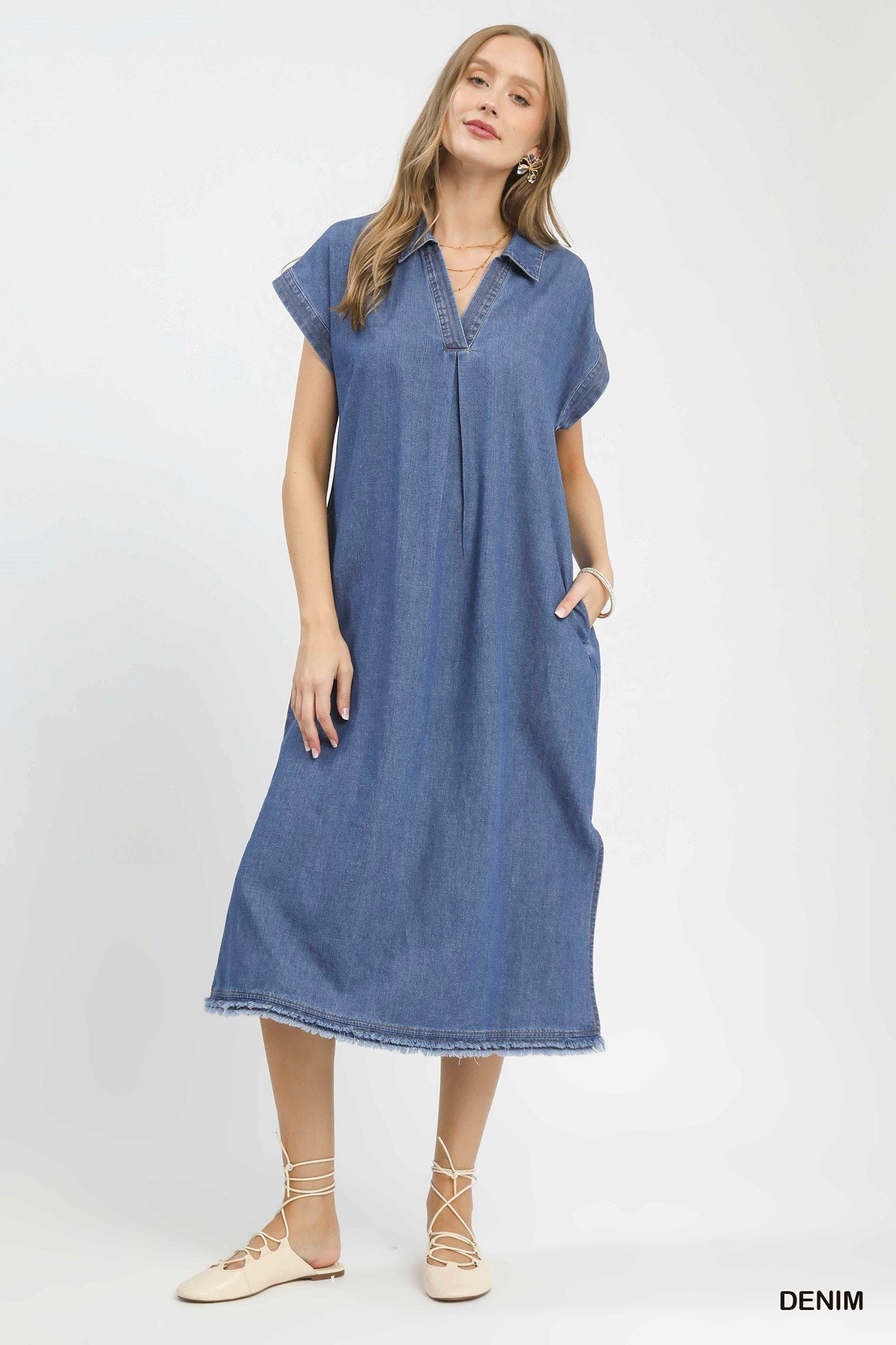 Stone Washed Midi Dress by Umgee in Denim S Stone Washed Midi Dress by Umgee in Denim S