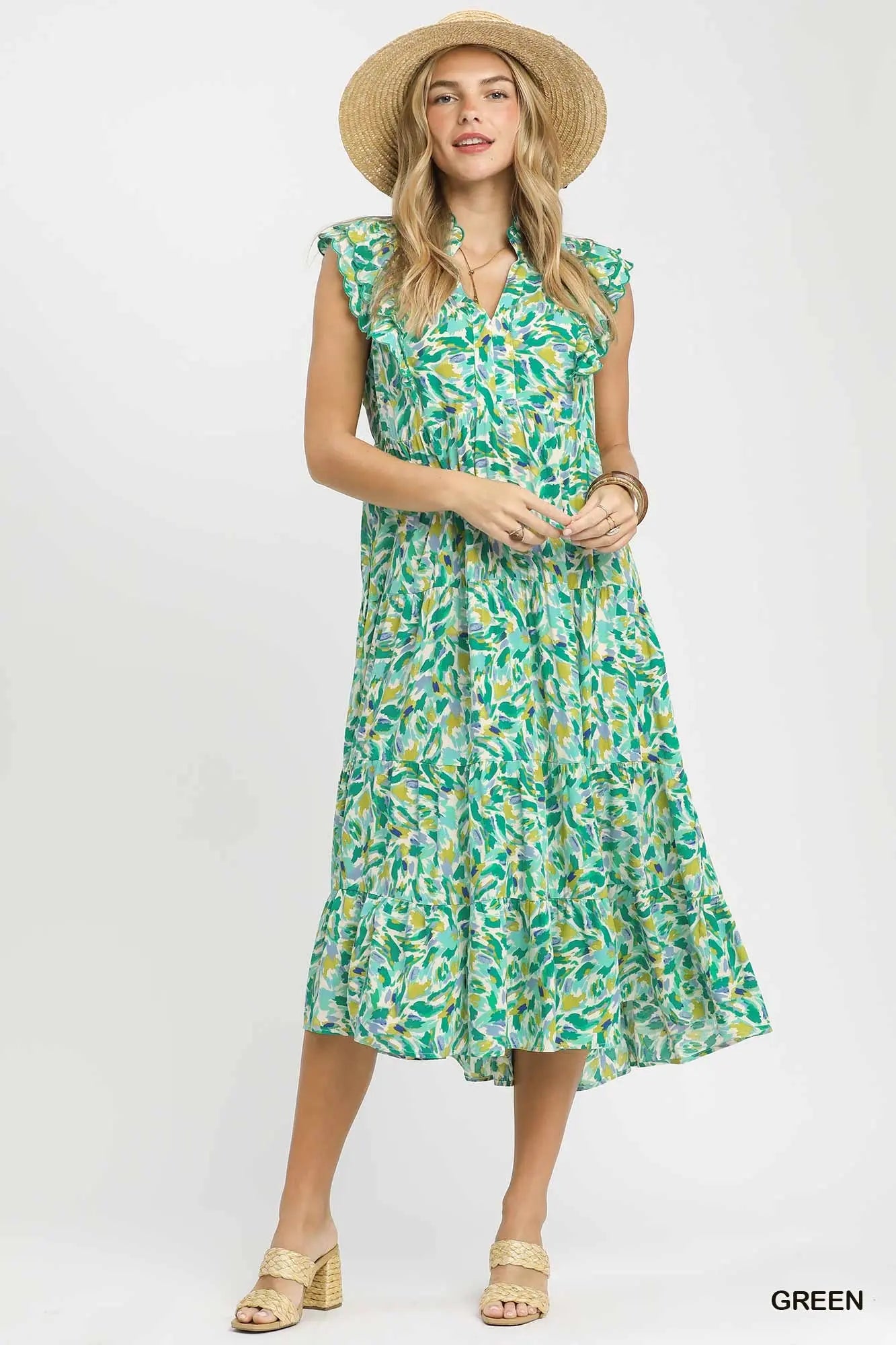 Leaf Print Midi Dress by Umgee in Green Meadowlark Leaf Print Midi Dress by Umgee in Green Meadowlark