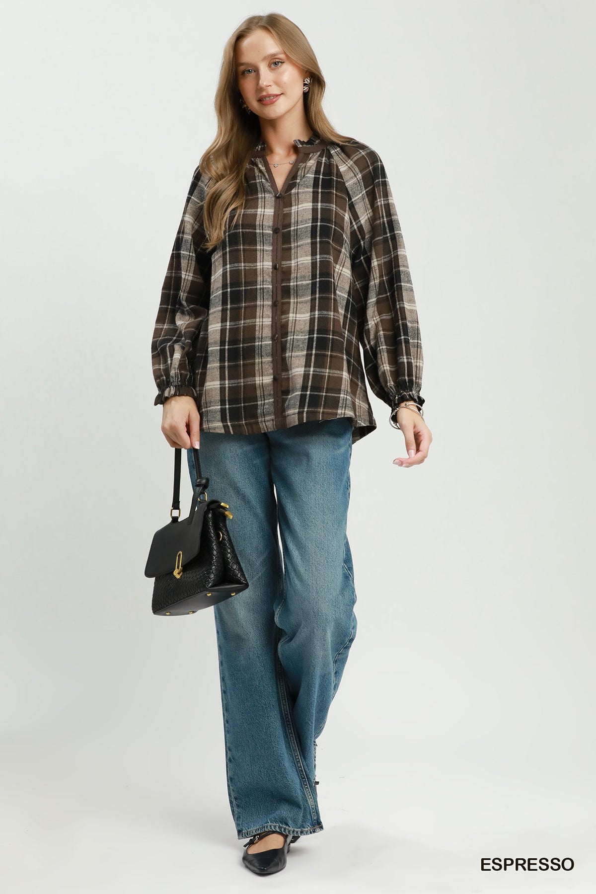 Plaid Button Down Long Sleeve Relaxed Top by Umgee in Espresso