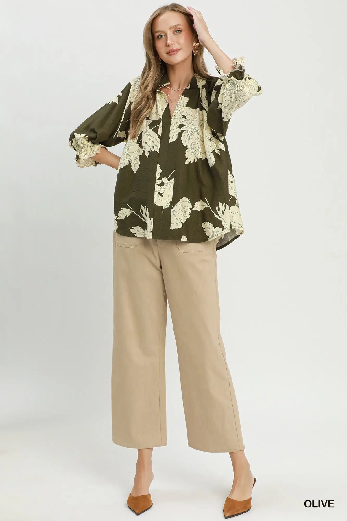 Floral Split Neck Blouse by Umgee in Olive