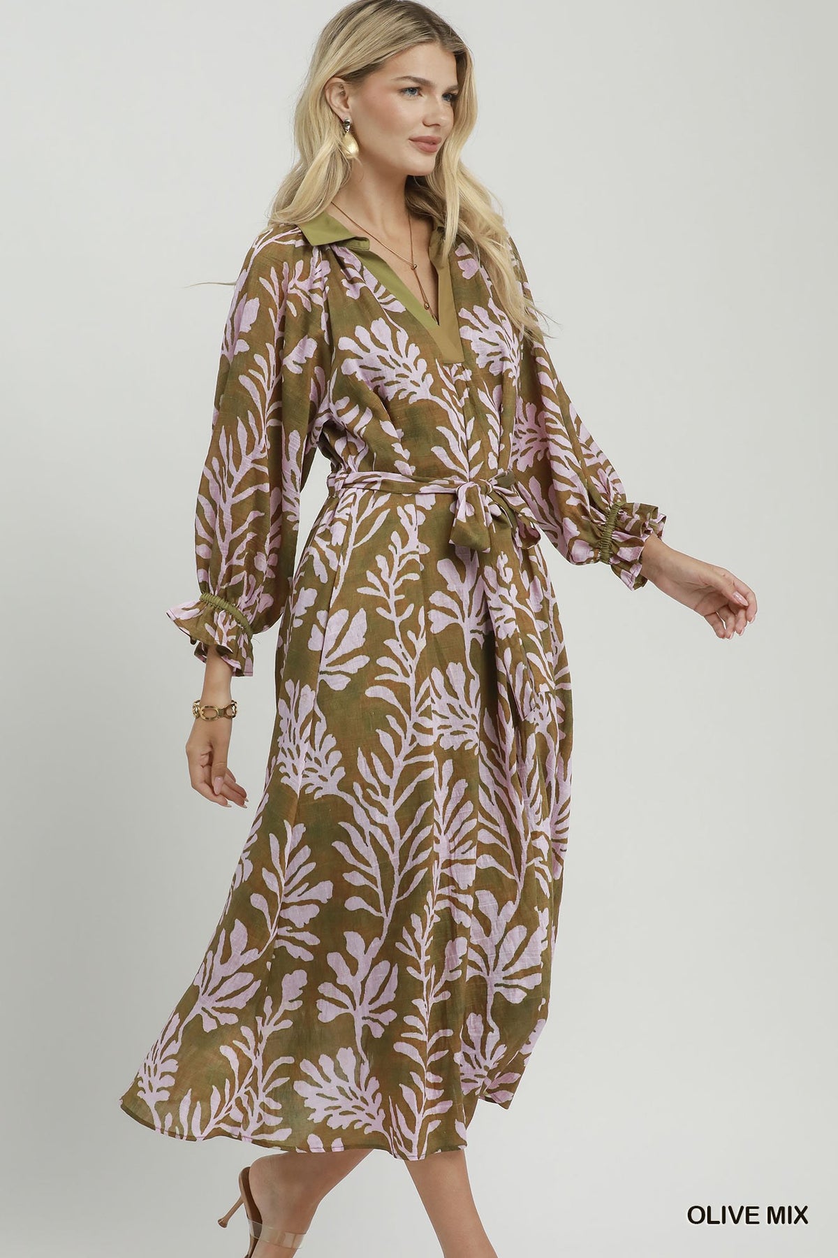 Collared Print Midi Dress by Umgee in Olive Mix