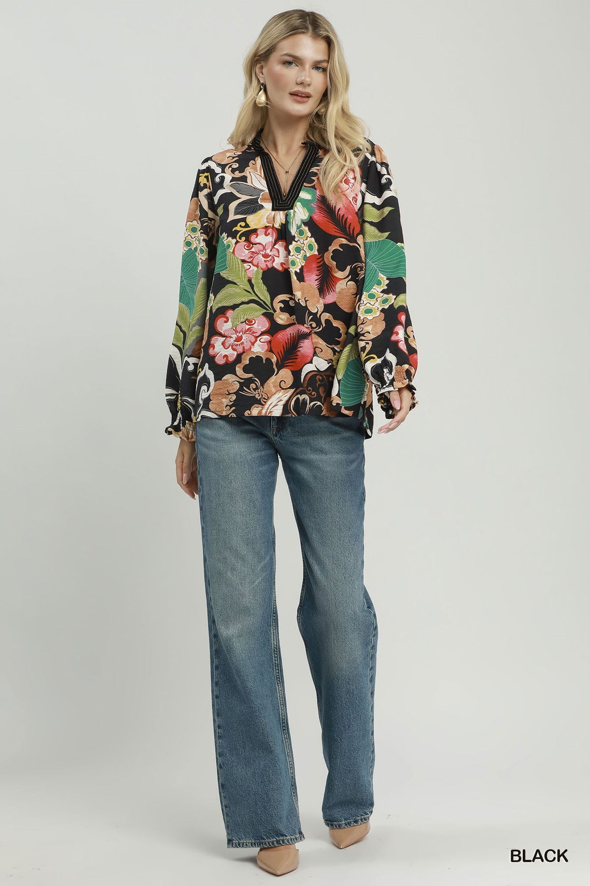 Floral Print Smocked Sleeve Blouse by Umgee in Black