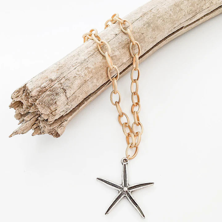 Etched Chain with Star Fish by Virtue Jewelry Design in Gold and Silver