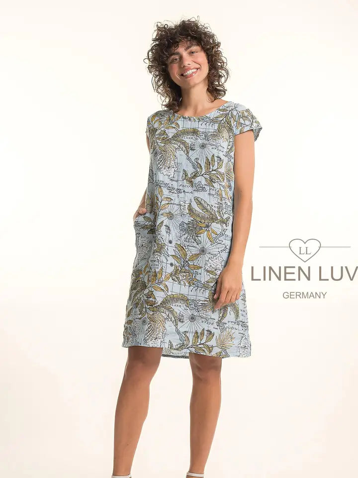 Map Print Dress by Linen Luv in Ciel M