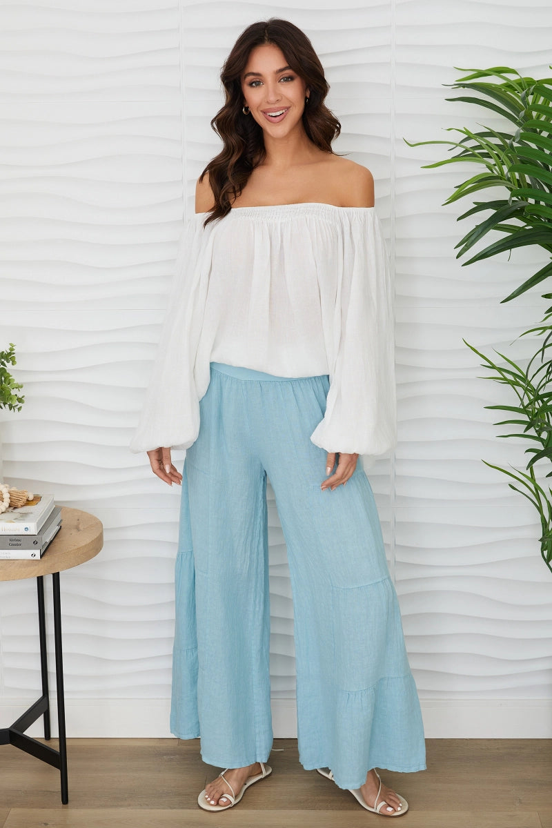 Linen Tiered Palazzo Pant by Milo Milano in Blue Zuccero