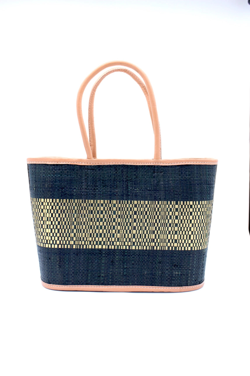 Small Wynwood Straw Tote Handbag w/Metallic Detailing by Shebobo in Black