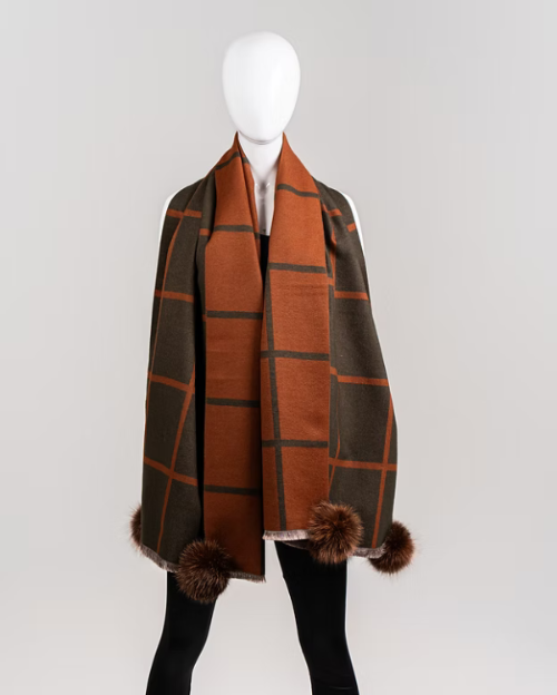 Checkered Plaid Reversible Wide Scarf w/Fox Pom by Mitchie's Matchings in Khaki