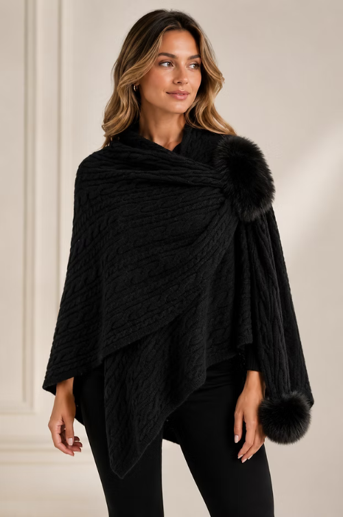 Cable Knit Pull Through Wrap w/Fox Trim & Fox Poms by Mitchie's Matchings in Black