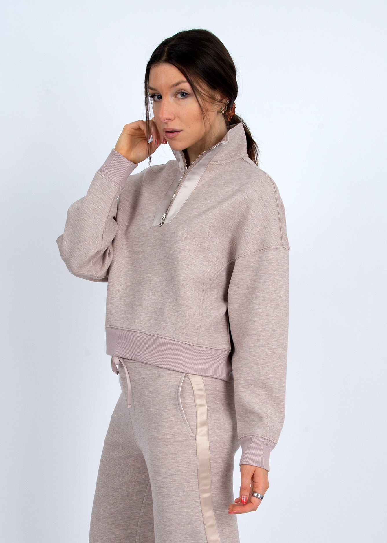 Mailyn Soft Knit W/ Satin Trim Top by RD Style in Taupe Melange