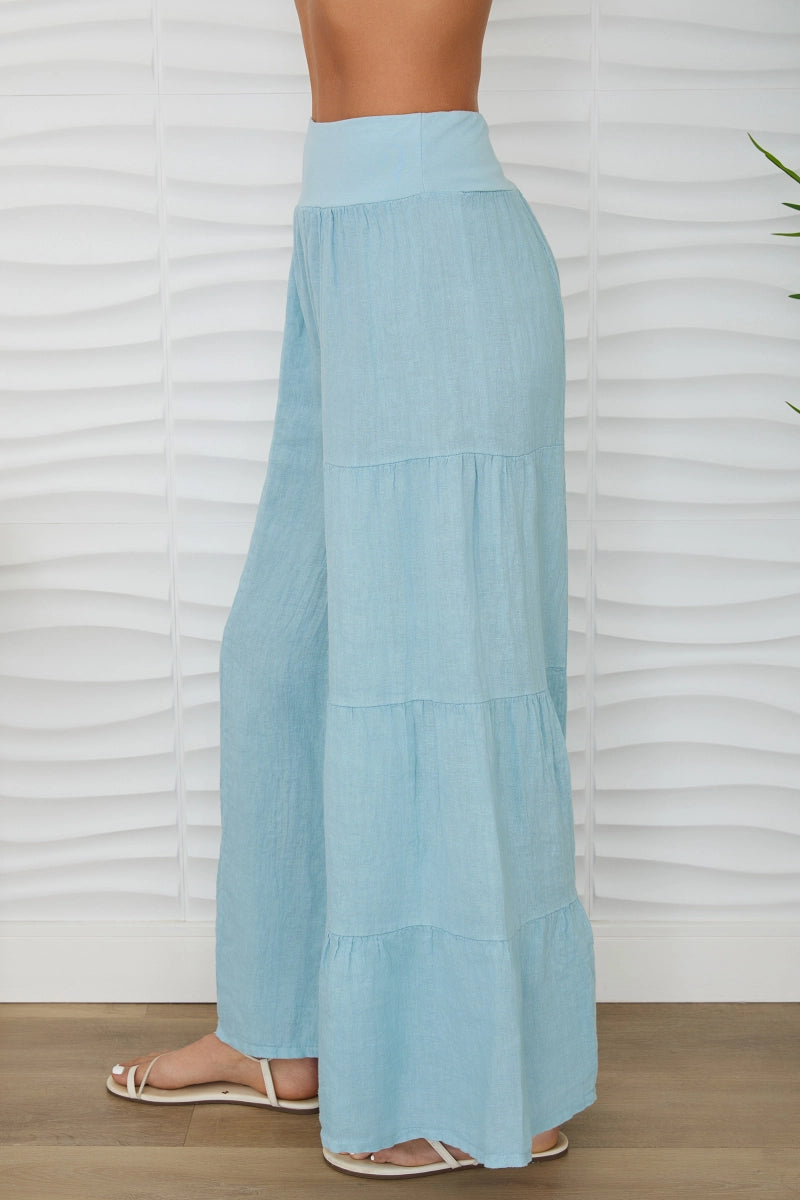 Linen Tiered Palazzo Pant by Milo Milano in Blue Zuccero