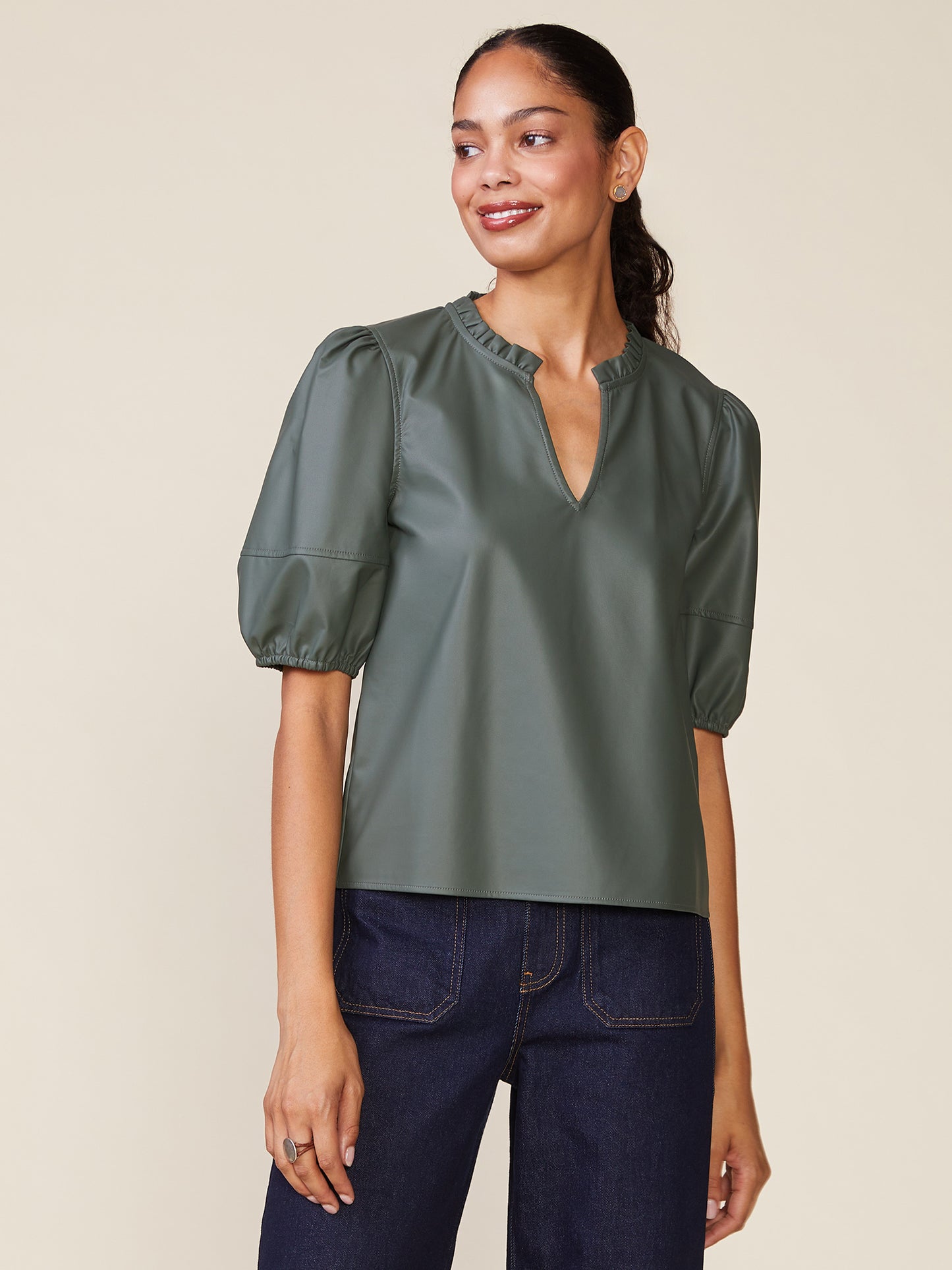 Kacey Vegan Leather Short Sleeve Top by ANTHEM the label in Agave Green