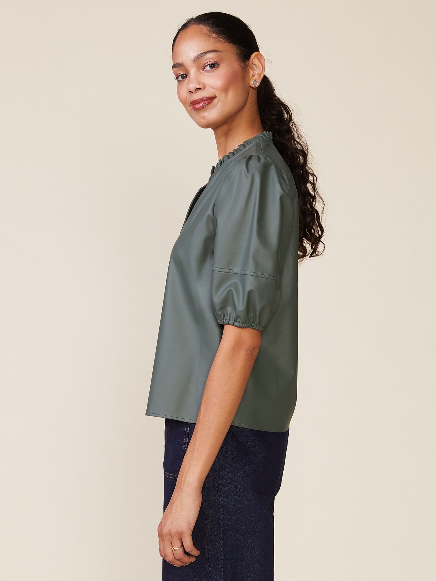 Kacey Vegan Leather Short Sleeve Top by ANTHEM the label in Agave Green