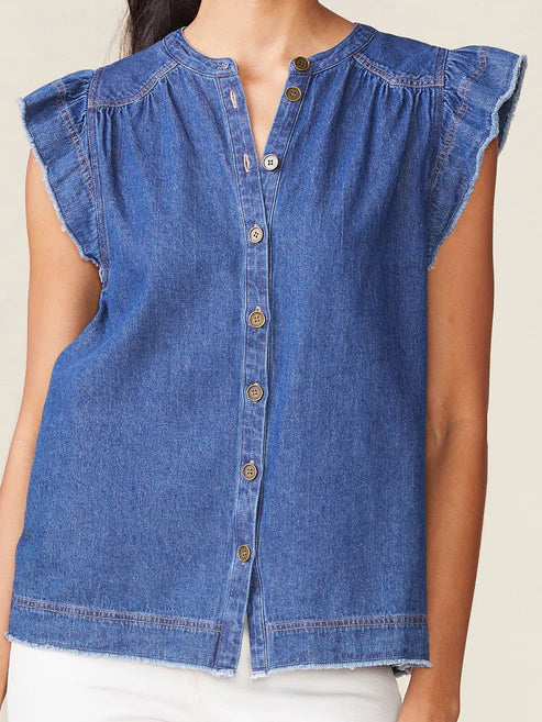 Flutter Sleeve Raw Edge Denim Tee by ANTHEM the label in Indigo