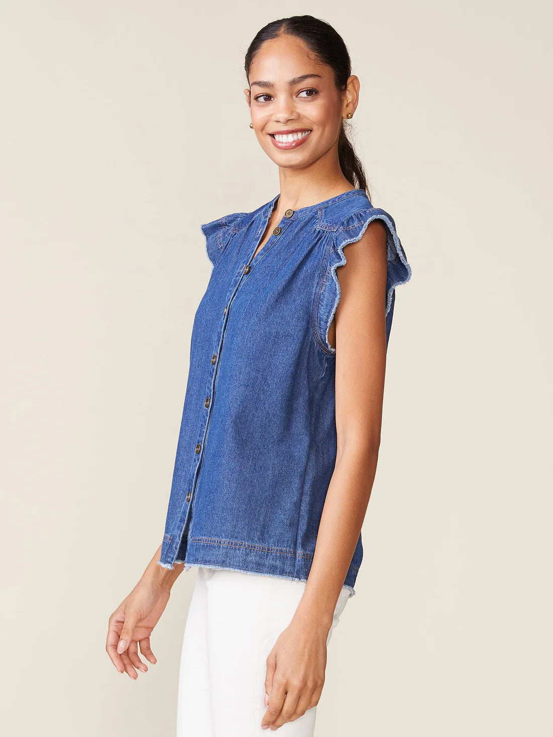 Flutter Sleeve Raw Edge Denim Tee by ANTHEM the label in Indigo