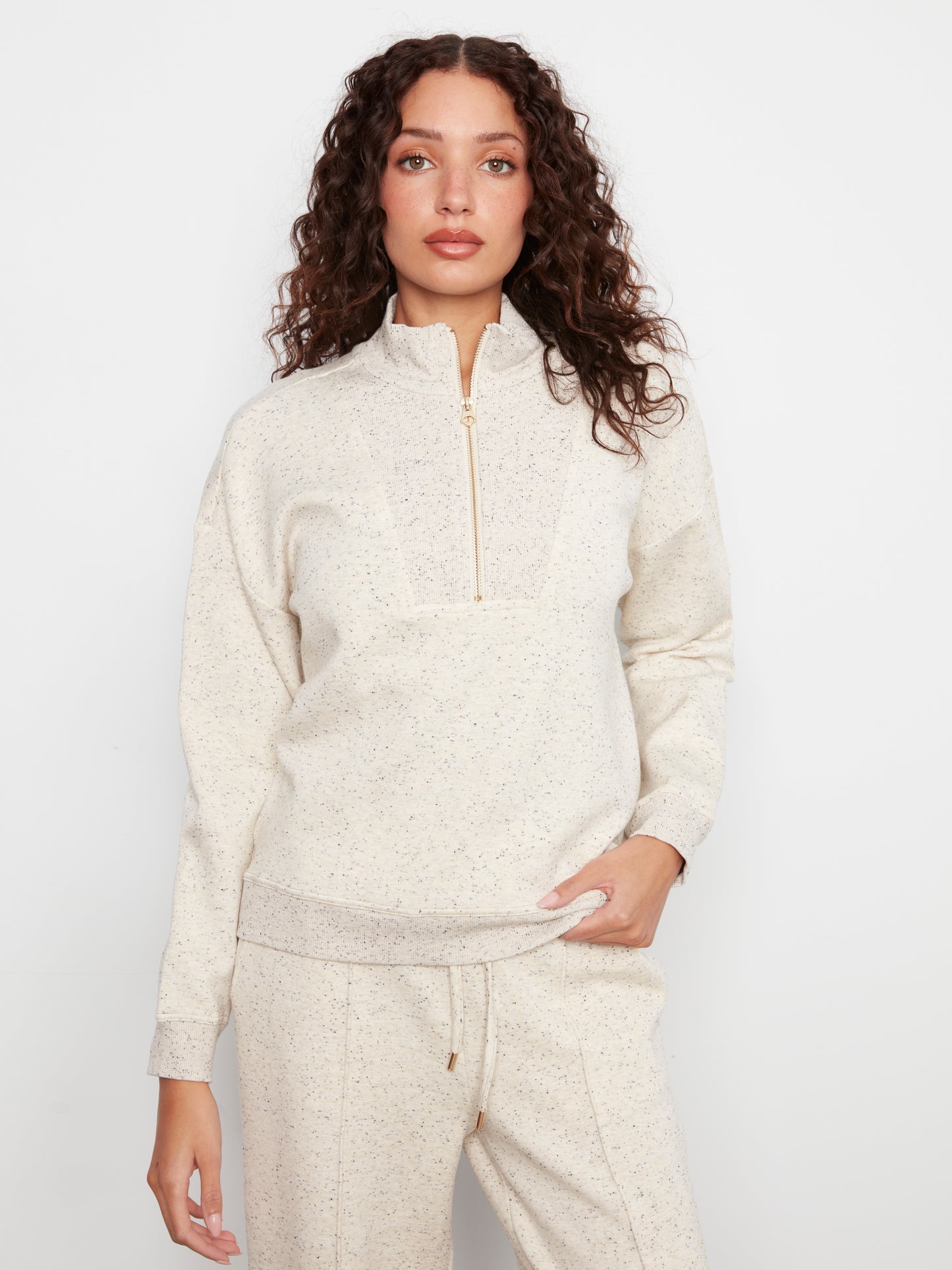 Long Sleeve Half-Zip High Collar Pullover by Charlie B in Cookies and Cream