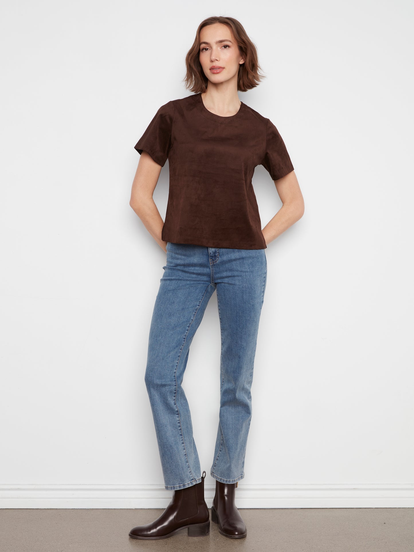 Faux Suede Short Sleeve Top by Charlie B in Coffee