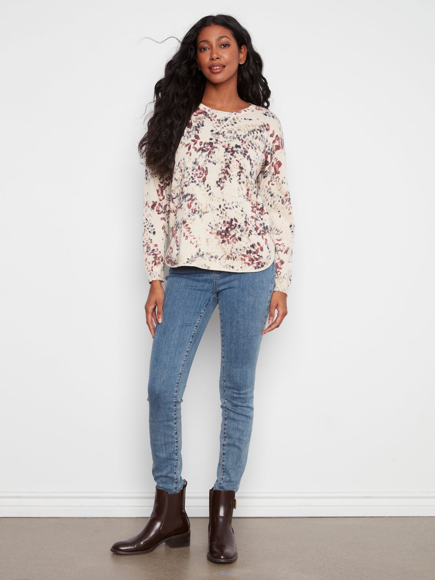 Long Sleeve Crew Neck Printed Top by Charlie B in Poetry