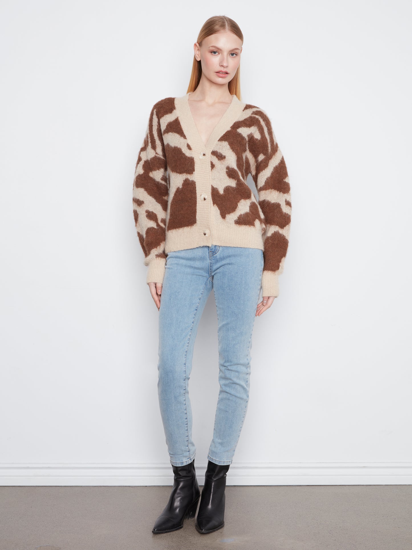 Cow Print V-Neck Cardigan by Charlie B in Ranch
