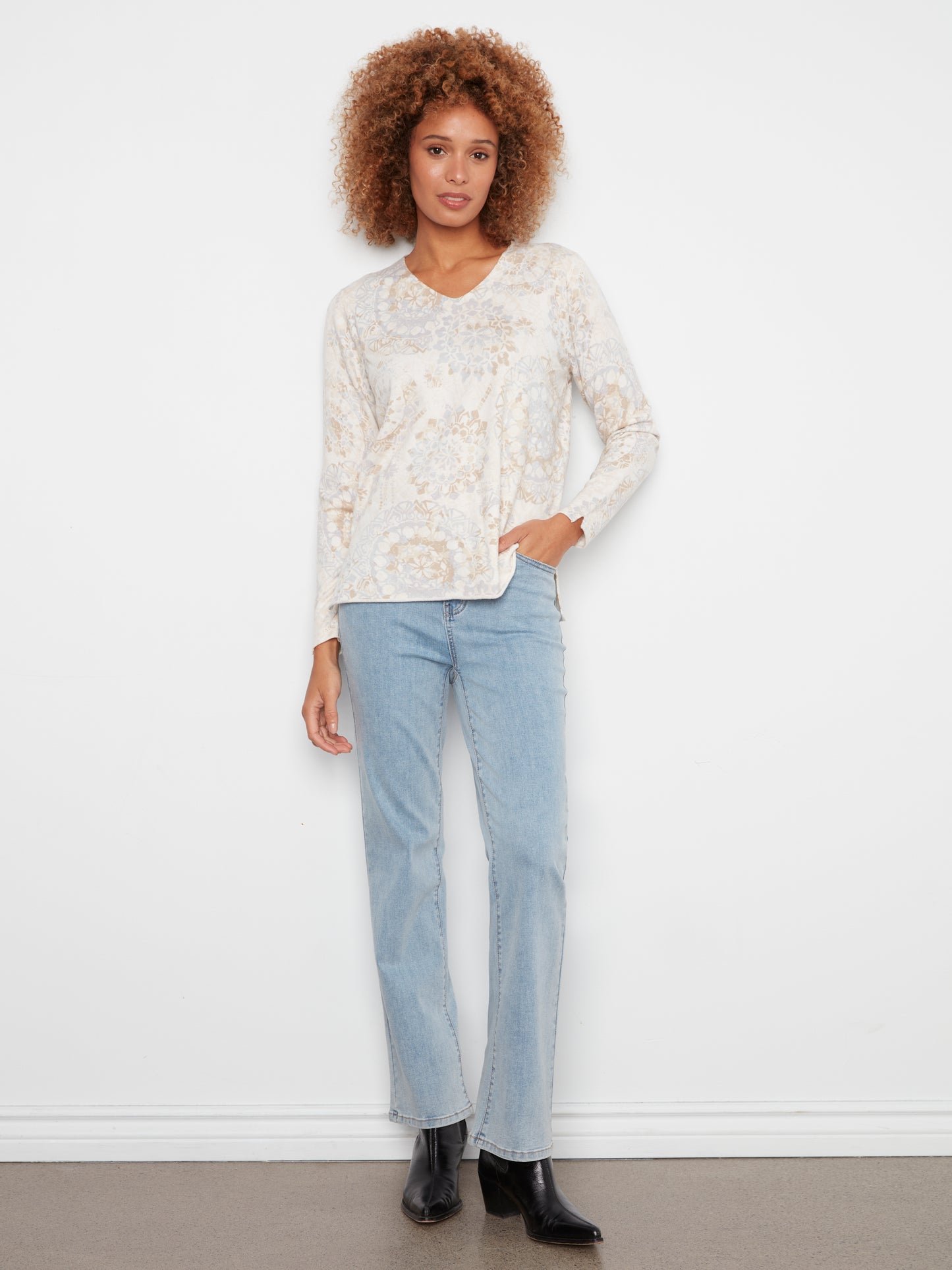 Printed Long Sleeve V-Neck Top by Charlie B in Timeless